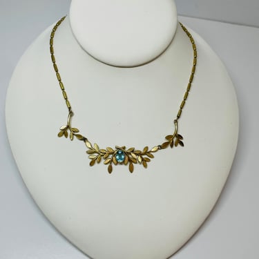 Gold Fill Leaf Necklace with Blue Rhinestone