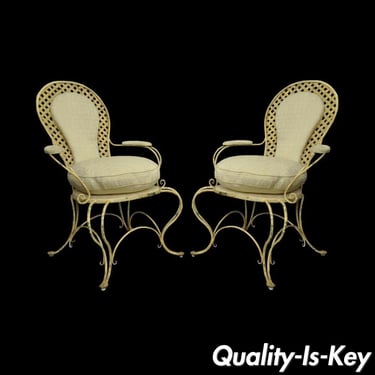 Pair Vintage Hollywood Regency Lattice Wrought Iron Patio Lounge Arm Chairs A
