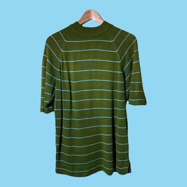 60s Mockneck Shirt, Vintage Striped Knit Tee, Retro Mod Menswear Loose Slouchy Fit Short Sleeve Mock Turtleneck Green Blue Simple Medium 