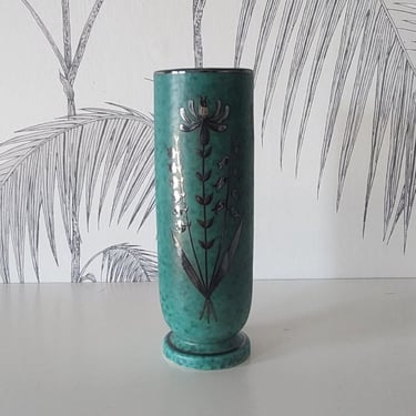 Vintage Stoneware Vase, Argenta, Lily of the Valley & Columbine, Silver Inlay, Wilhelm Kage for Gustavsberg, made in Sweden, circa 60's 