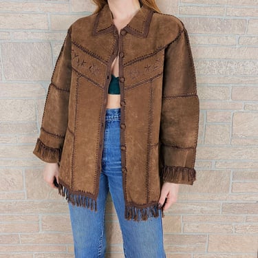 Brown Suede Patchwork Macrame Embroidered Leather Jacket 