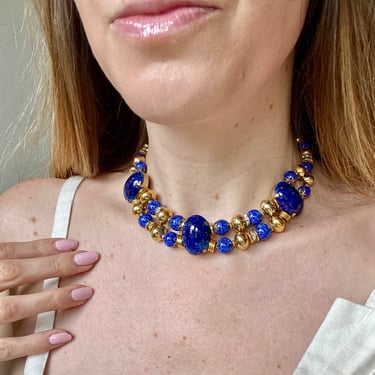 80s Lapis Blue Gold Art Glass Choker Necklace