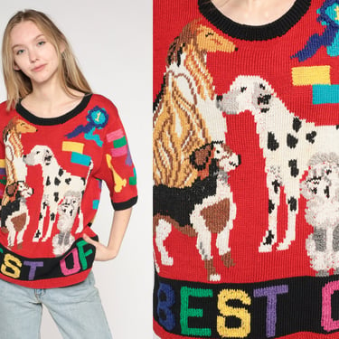 Berek Dog Sweater Best In Show Knit Shirt 80s Designer Sweater Dalmatian Collie Short Sleeve Sweater Top Novelty Print Retro Vintage Medium 