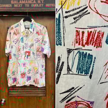 Vintage 1980’s Size L Atomic Pop Art Cotton Loop Collar New Wave Rockabilly Shirt, Krazy Print, 80’s Vintage Clothing 