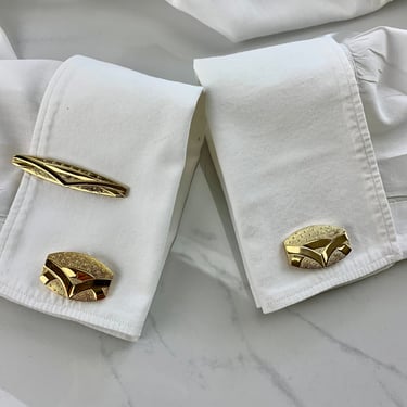 1960'S Cuff Link & Tie Bar Set - Gold Finished Metal - New/Old in Box - Vintage Dead Stock 