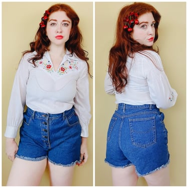 1990s Vintage No Excuses Cut off Denim Shorts / 90s High Waisted Button Fly Dark Wash Shorts / Size Large Waist 32