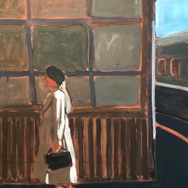 Woman at Station - Original Acrylic Painting on Canvas 16 x 20, interior, train, city, dress, business, travel, muted, michael van, fine art 