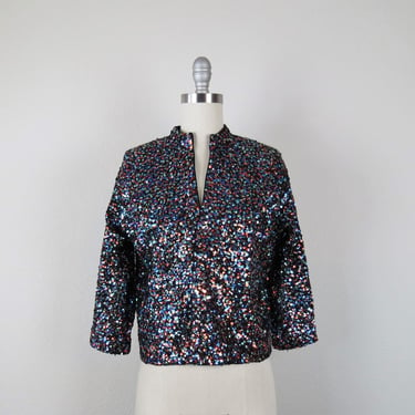 Vintage 1950s sequined cardigan sweater, hand beaded, cocktail, formal, dressy, size small 