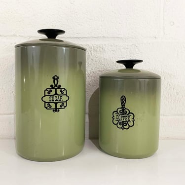 Vintage Green Aluminum Canisters Coffee Sugar West Bend Canister Metal Lid Plastic Kitchen Set of 2 Pair 1970s 