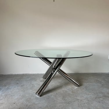 70's Mid-Century Tubular Stainless- Steel Jacks Tripod Dining Table W/ Round Glass Top 