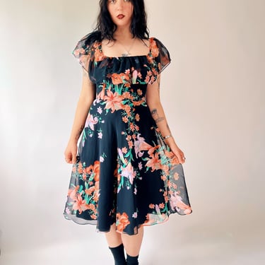 70's Off The Shoulder Lilly Print Dress
