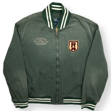 Vintage 90s Polo by Ralph Lauren “1943/1944 Football League Championship” Faded Green Varsity Style Full Zip Canvas Jacket Size XL/XXL 