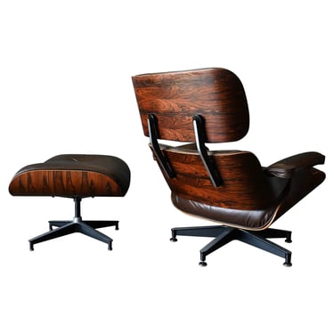 Charles Eames Lounge Chair and Ottoman in Rosewood and Brown Leather, circa 1975