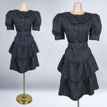 VINTAGE 80s Polka-Dot Taffeta Belted Party Dress B39/W38 by Mayvens Size 11 | Black and White | 1980s Ruffled Mini Prom Cocktail Dress | VFG 