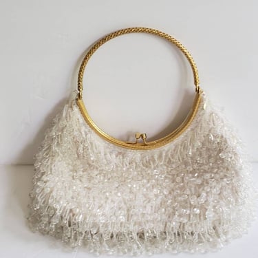 1950s White Beaded Evening Bag / 50s Party Purse Sparkly Clear Beads Fringe Texture Vintage Bride Wedding / Dierdre 