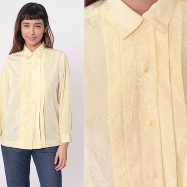Yellow Floral Embossed Shirt 80s Long Sleeve Blouse Pleated Shirt Button Up 1980s Vintage Secretary Top Medium 