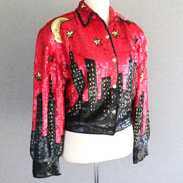 1980's - Sequined Bomber Jacket - City Scape - by Just Fabulous - Marked size S 