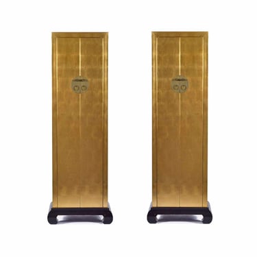 Pair of Tall Gold Leaf Chinoiserie Asian Modern Bookcase Etagere Armoire Cabinets 