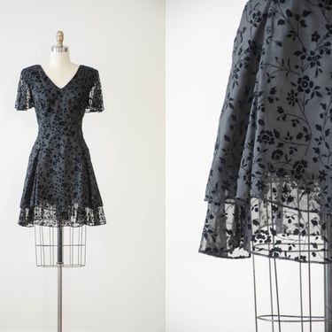 black velvet mini dress | 90s y2k vintage flocked velvet floral gothic cottagecore flutter sleeve short fit and flare dress 