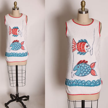 1960s White Sleeveless Novelty Fish Fishing Terry Cloth Top Swimsuit Cover Up -XS 