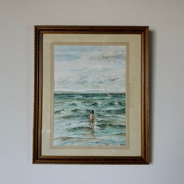 80's Fiona Adan Girl On The Beach Impressionist Watercolor Painting, Framed 
