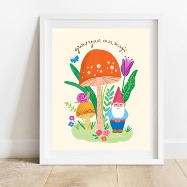 Magic Garden Gnome Art Print/ 8X10 Modern Woodland Kid's Room Wall Decor/ Forest Mushroom Illustration/ Gender Neutral Nursery Decor 