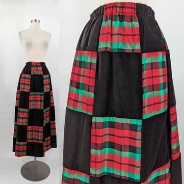 Vintage Seventies Mr. Hank XS Black Velvet and Christmas Plaid Patchwork Maxi Skirt 