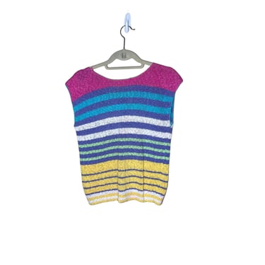 Vintage 80's Pink Blue Colorful Striped Knit Sleeveless Sweater, No tag 