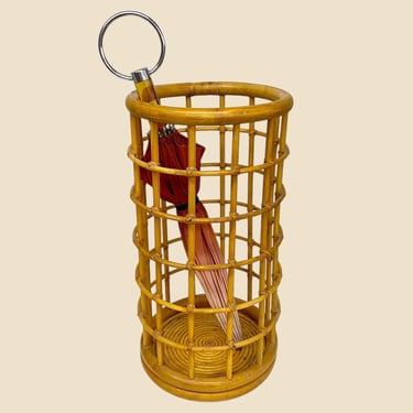 Vintage Franco Albini Umbrella Stand 1960s Mid Century Modern + Tan Rattan + Cylinder + Caged + Spiral Top + MCM Plant Stand or Side Table 