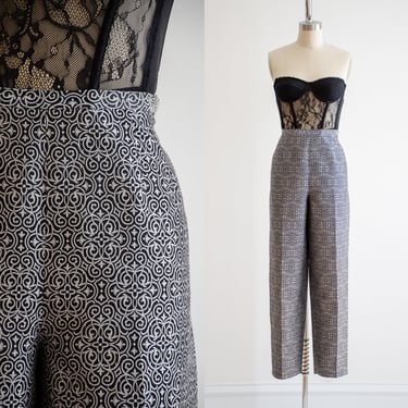 high waisted pants | 90s y2k vintage black silver silk brocade straight leg trousers 