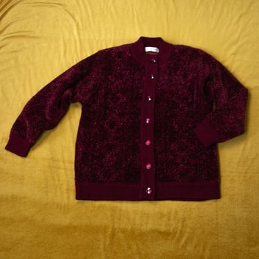 Vintage 90s Burgundy Velour Cardigan Lined Long Sleeves Acrylic Size M 