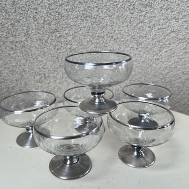 Vintage Elegant Mini Wine Glasses Set 6 Cordials Silver Etched 2 3/4” X 3” 