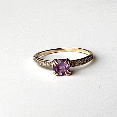 Montana Amethyst Gum Drop Engagement Ring 14k Yellow with little diamonds and 5mm pink Arkansas quartz or blue diamond engagement ring 