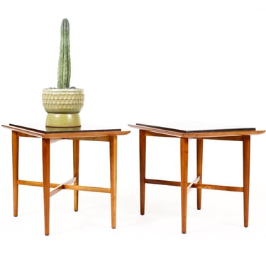 Mid Century Vintage Side / End Tables — Fine Art Furniture Co — Cherry Frame + Slate — Pair 