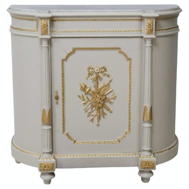 Antique French Louis XVI Maison Jansen Style Parcel Gilt Cream White Painted Demilune Sideboard Server - Credenza Console 