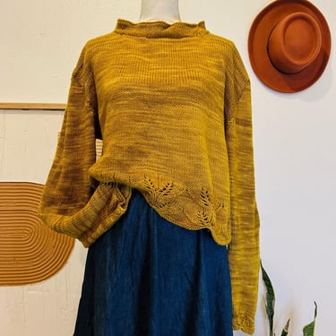 Handmade Mustard Delicate Scallop Hem Oversized Chunky Knit Pullover Sweater 