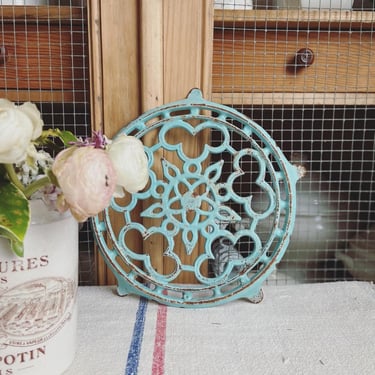 Beautiful vintage French cast iron trivet in blue turquoise-BT2 