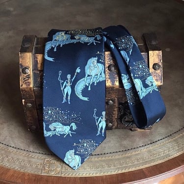 Circus / Horse Show Tie Equestrian Ringmaster Necktie Embroidered Blue Gold Wide Neck Tie Unique Gift Novelty Tie Horses in a Ring Trevira 