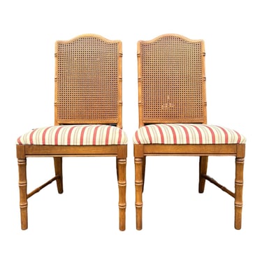 Faux Bamboo Dining Chairs by Dixie - Set of 2 Vintage Wood & Rattan Cane Hollywood Regency Coastal Chinoiserie Furniture 