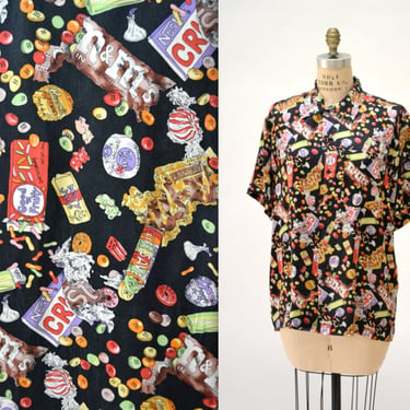 90s Vintage Nicole Miller Silk Shirt with Candy Jelly Chocolate Print Size XS mens Medium Large Womens Halloween Candy Junk Food Shirt 