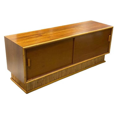 Restored Frankl Style Mahogany Credenza w/ Stacked Rattan Base 