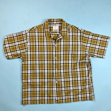 Vintage 1950s XL Extra Large 1960s Plaid Loop Collar Short Sleeve Mens Shirt Cotton 
