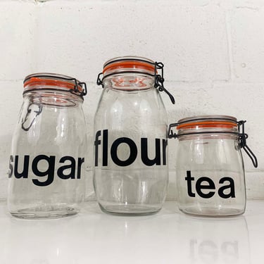 Vintage Glass Kitchen Canister Set of 3 MCM Kitchen Storage Flour Sugar Tea Triomphe France Hermetic Seal Top Metal Wire 
