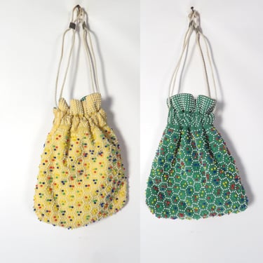 Vintage Candy Dot Reversible Green And Yellow Drawstring Purse Wristlet 