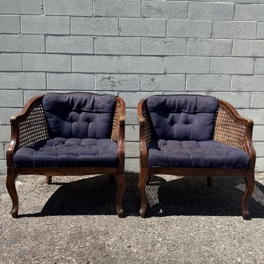 Pair of Vintage Cane Tufted Armchairs Tub Barrel Back Chairs Set Mid Century Modern Style Regency Vintage Seating Bohemian Boho Chic 
