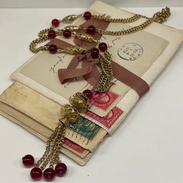 1980’s Red Beaded Gold Fringe Necklace