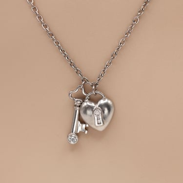 Tiffany & Co. Platinum Heart Shape Padlock and Key Pendant on Chain