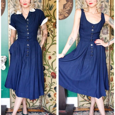 1950s Dress // All Buttoned Up Blue Linen Swing Dress // vintage 50s dress 