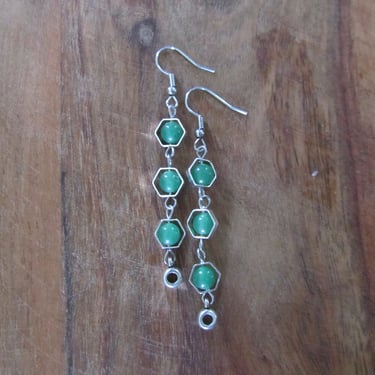 Silver and green geometric hexagon earrings 