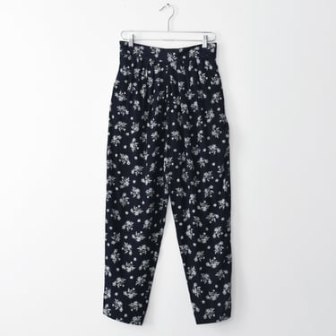 vintage dark blue floral print trousers, high waisted pull-on pants 